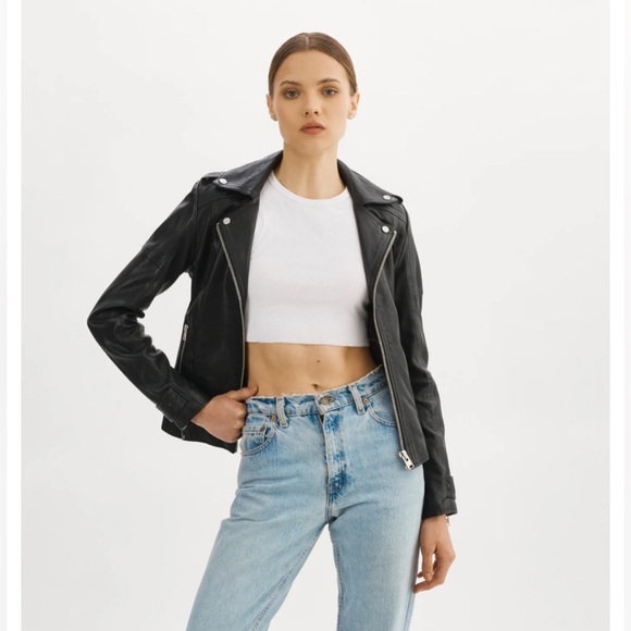 Lamarque ANNA LEATHER BIKER black JACKET Gray Hoodie lambskin ladies medium - Picture 3 of 11